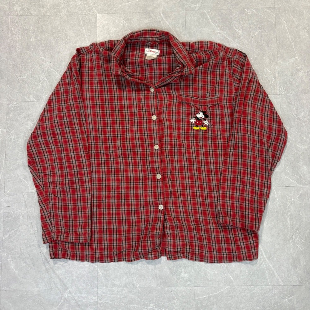 Disney Store Mickey Mouse Plaid Flannel Pajama Shirt Red Black Mens L/XL 4811